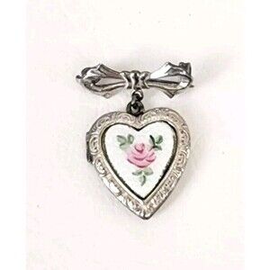 VINTAGE STERLING SILVER ENAMEL HEART LOCKET PIN COMBO 1.25" 7.75g